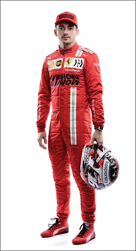 charles leclerc in new Ferrari printed race suit